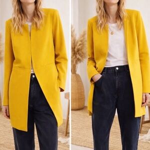 Zara Yellow Mustard Gold Inverted Lapel Minimalist Chic Longline Blazer Coat
